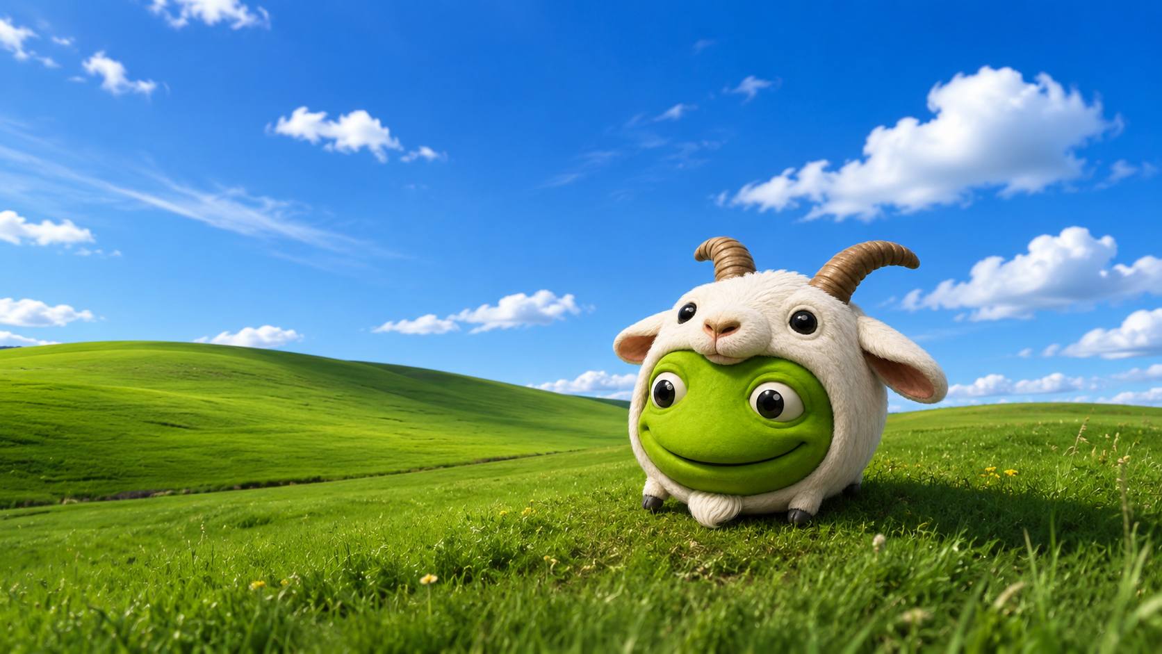 GOAD PEPE resting in a vast rolling green field under a bright blue sky